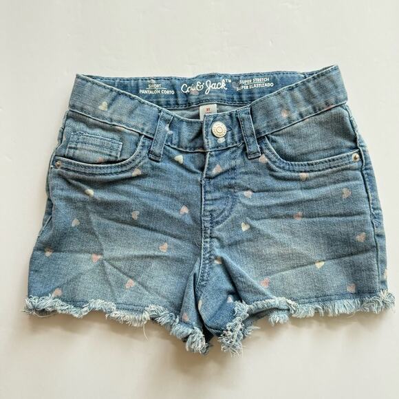 Cat & Jack Heart Print Denim Shorts Snap Closure Raw Hem 5 Pockets Size 5T Blue - Picture 1 of 8